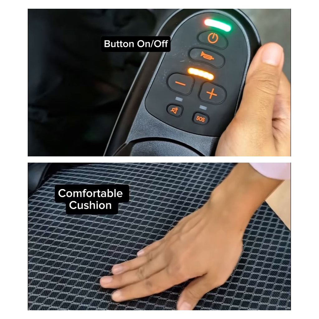 EVIN aluminium electric wheelchair controller with on/off, horn, speed and SOS buttons, and breathable seat cushion
