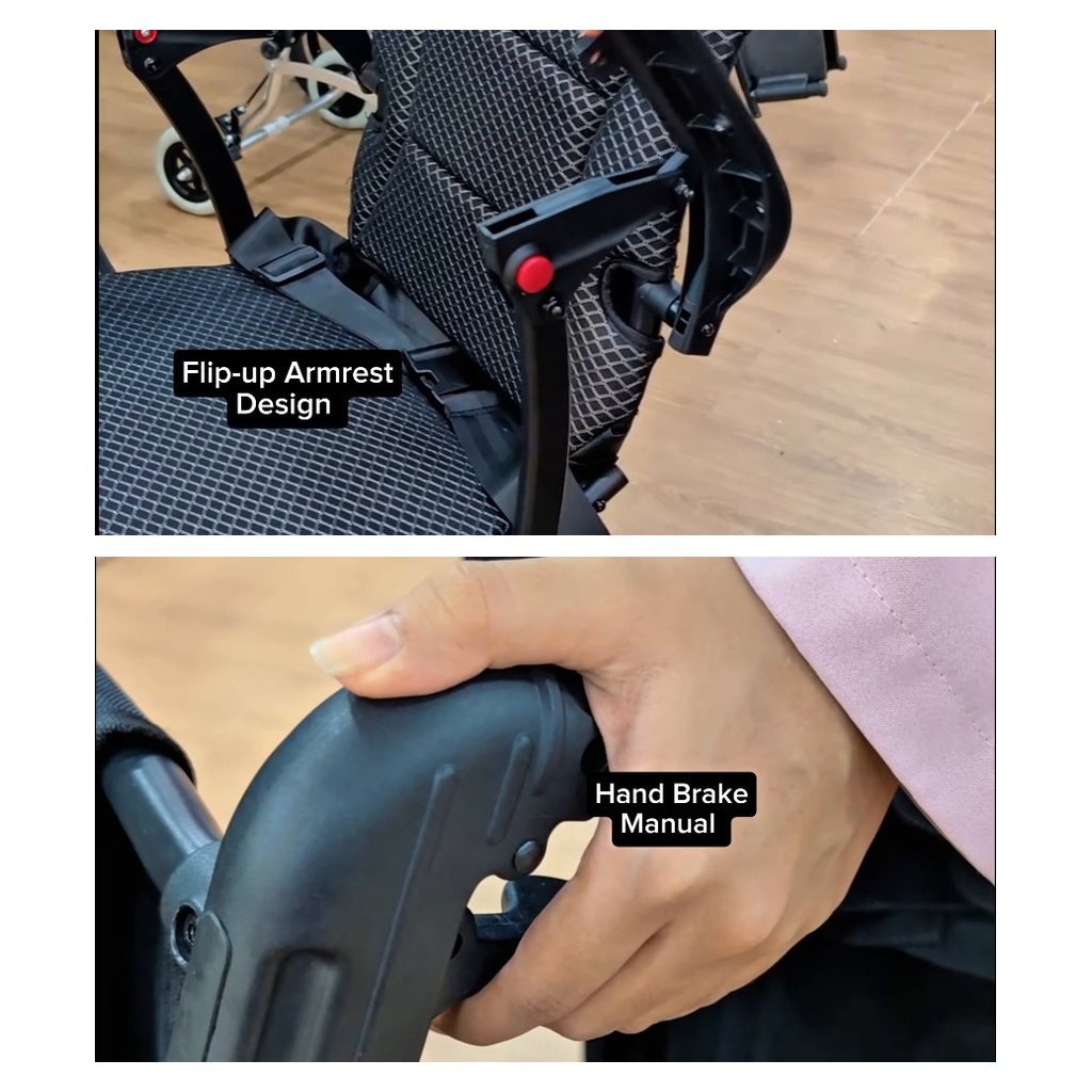 EVIN aluminium electric wheelchair flip-up armrest and handbrake on the push handle