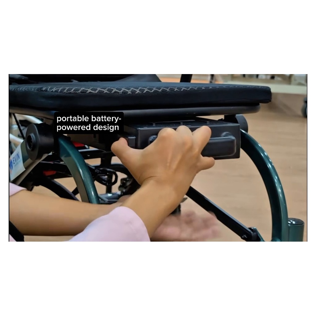 Quick-release lithium battery under the seat of the EVIN aluminium electric wheelchair