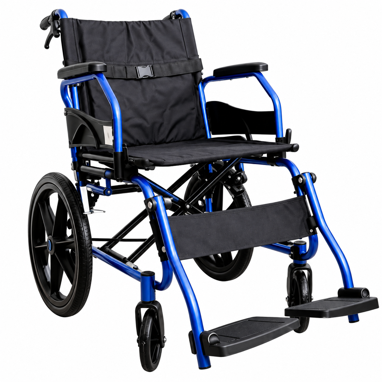 EVIN aluminium pushchair with blue frame, flip-up armrests and legrests
