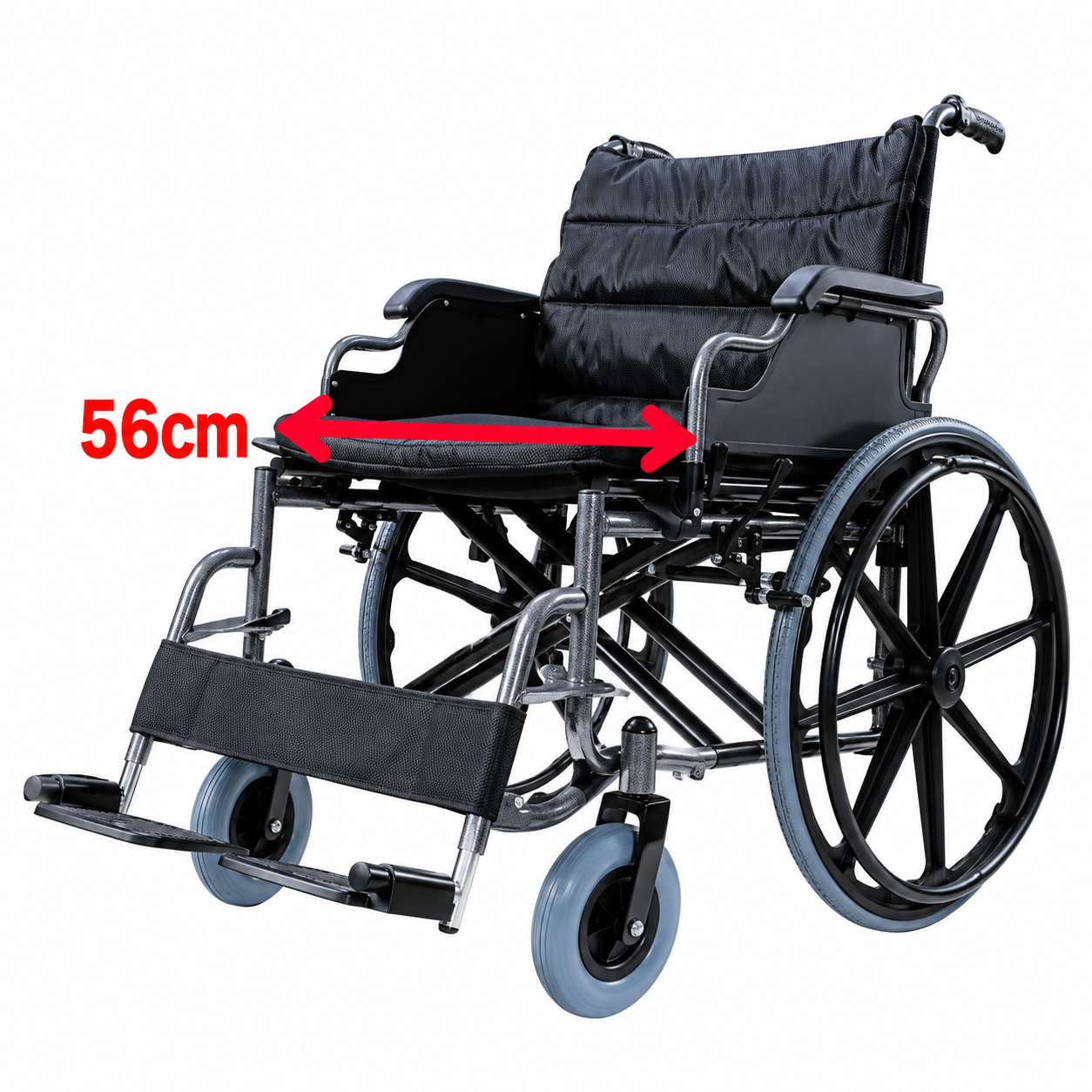 EVIN heavy duty premium wheelchair 150kg with extra-wide 56cm padded seat and flip-back armrests