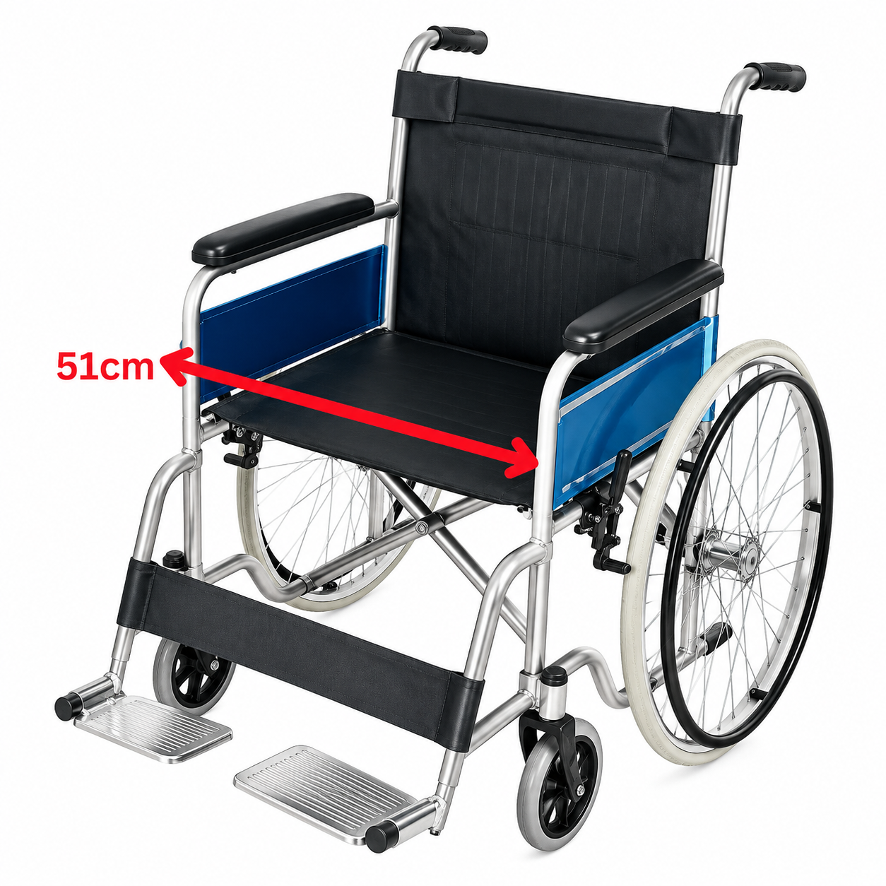 EVIN heavy duty standard wheelchair 130kg with extra-wide 51cm seat and blue side guards