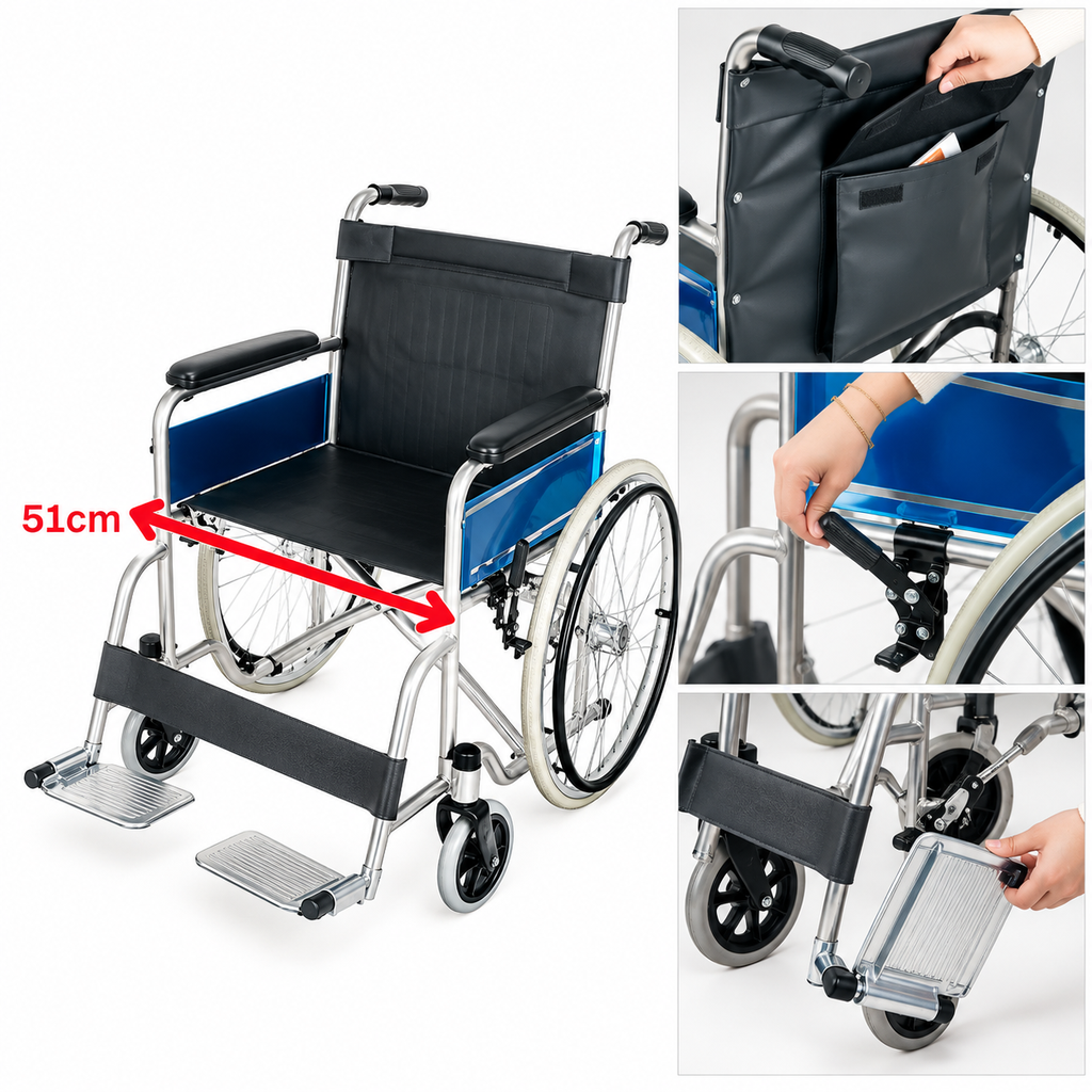 EVIN heavy duty standard wheelchair 130kg with backrest pocket, wheel lock and flip-up footplate