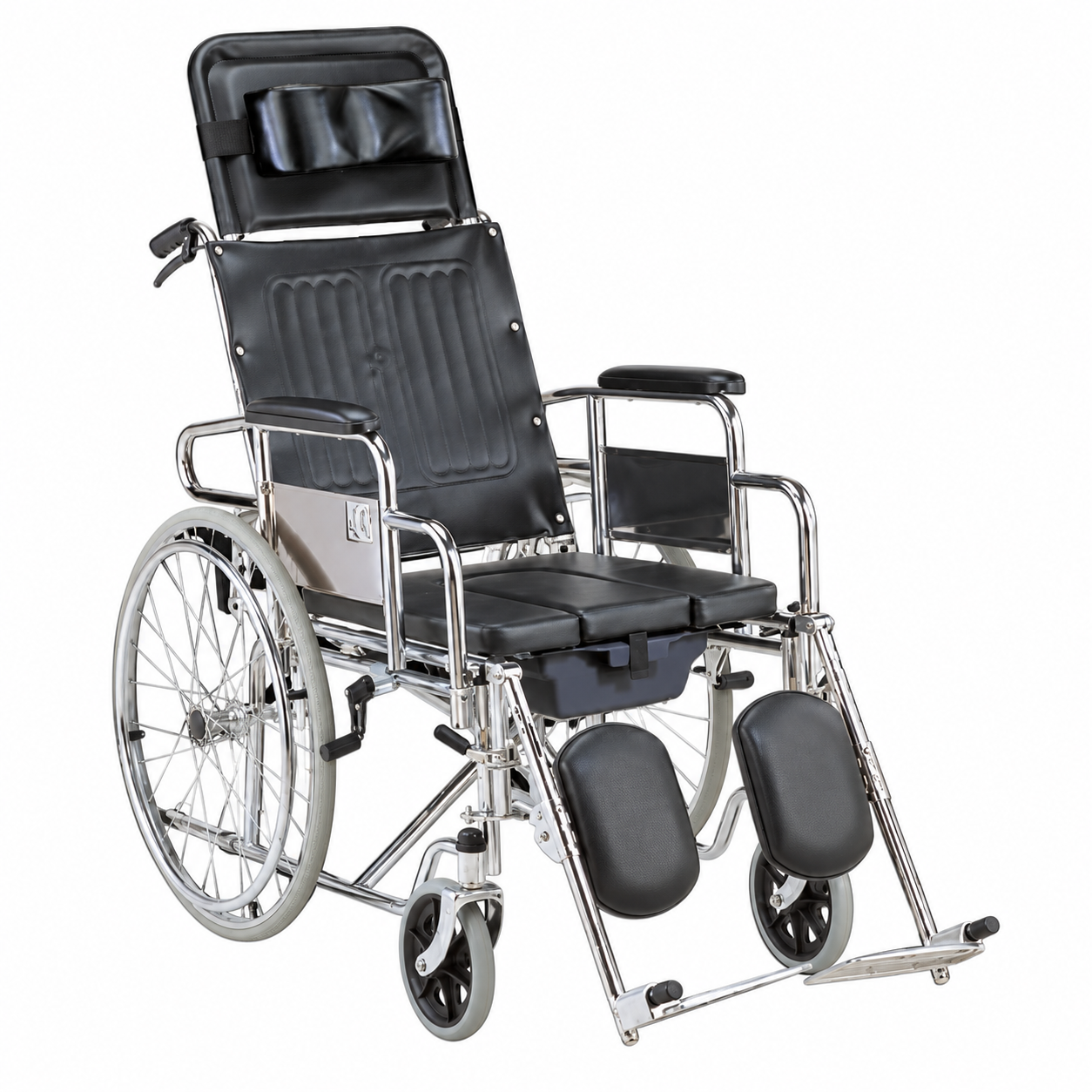 Felco FMC001 chromed commode recliner wheelchair with headrest, commode seat and leg rests