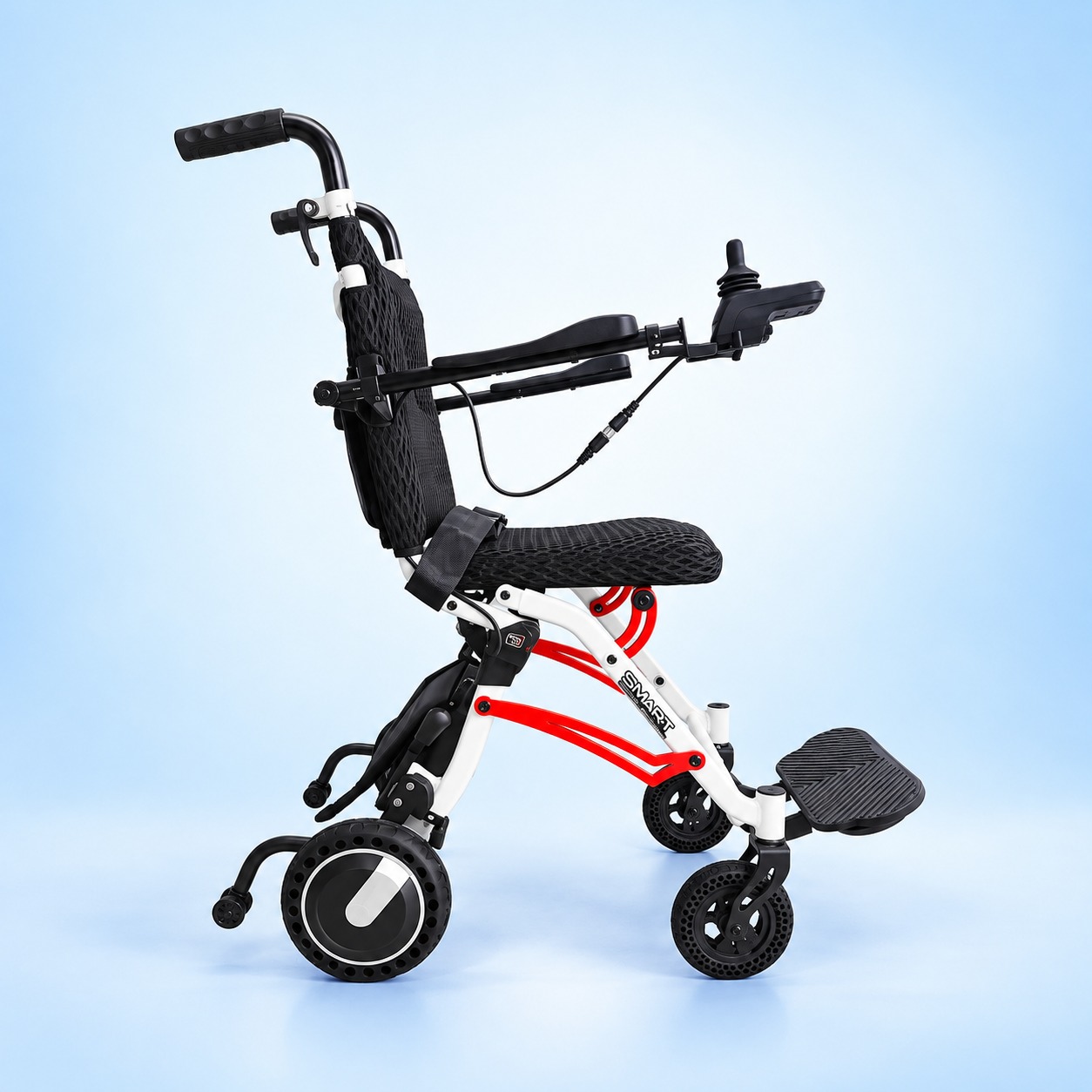 Side view of the Felco DX-2 FMEW002 Smart brushless electric wheelchair with 8-inch rear wheels and 6-inch front castors
