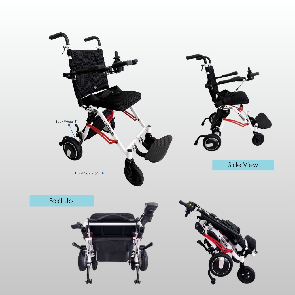 Felco DX-2 FMEW002 Smart brushless electric wheelchair front, side and folded views with 8-inch rear wheels and 6-inch front castors