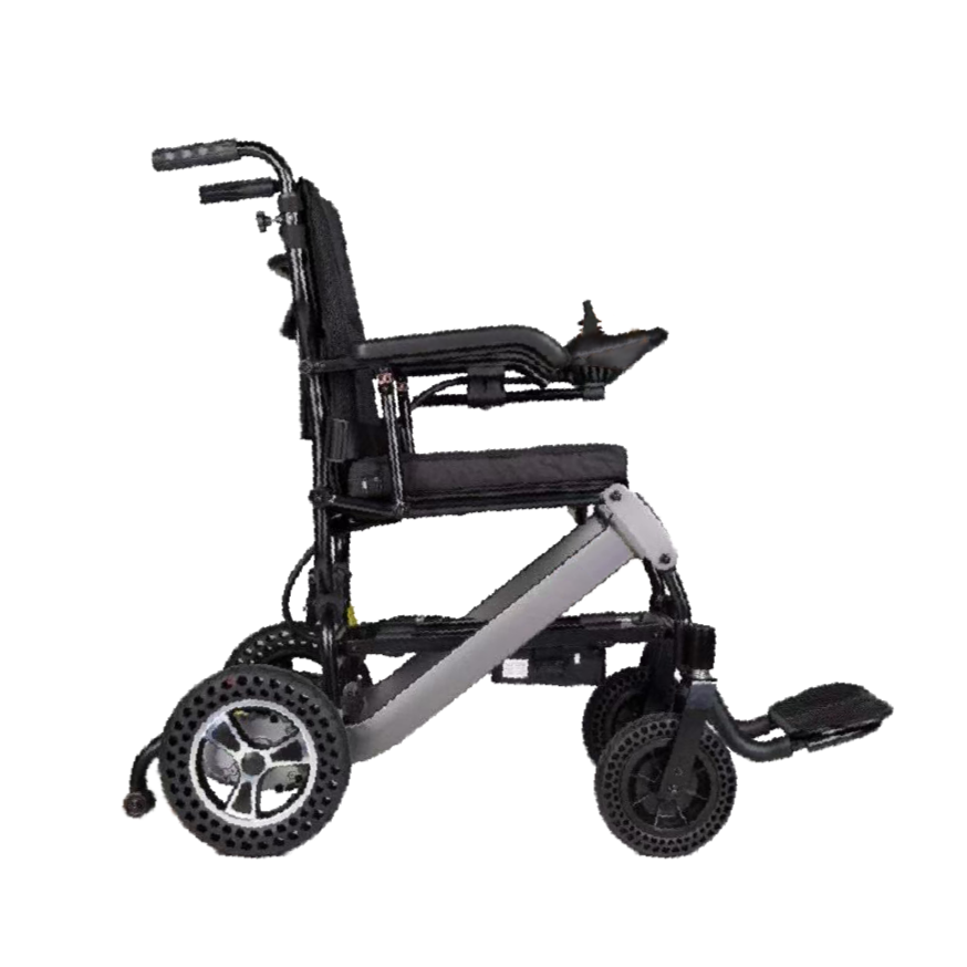Side view of the Felco DX FMEW001 electric wheelchair with 10-inch rear wheels and 8-inch front castors