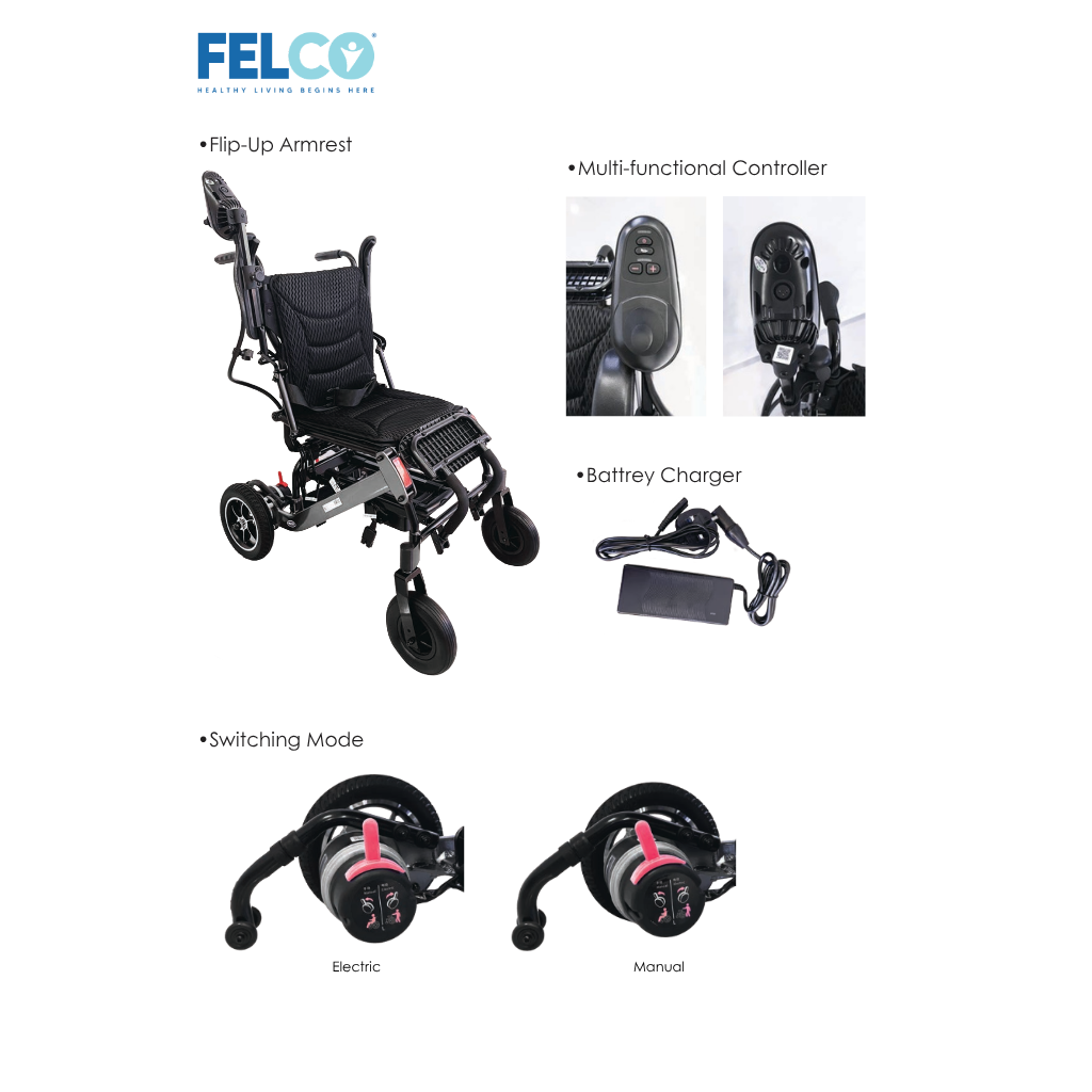 Felco DX FMEW001 electric wheelchair features: flip-up armrest, multi-functional controller, battery charger and electric or manual mode switch