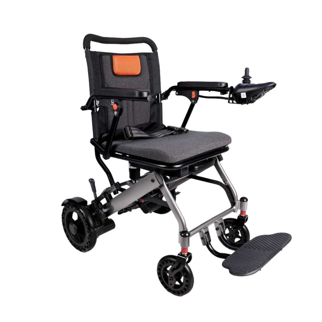 Felco E-Glide EVG2 lightweight electric wheelchair with aluminium frame, flip-up armrests and joystick controller