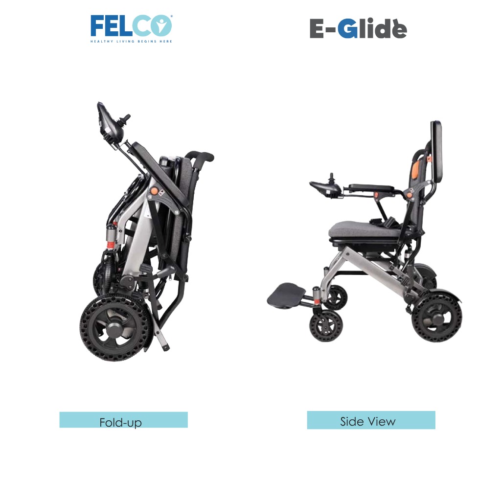 Felco E-Glide EVG2 lightweight electric wheelchair folded and side view, with 12-inch rear wheels