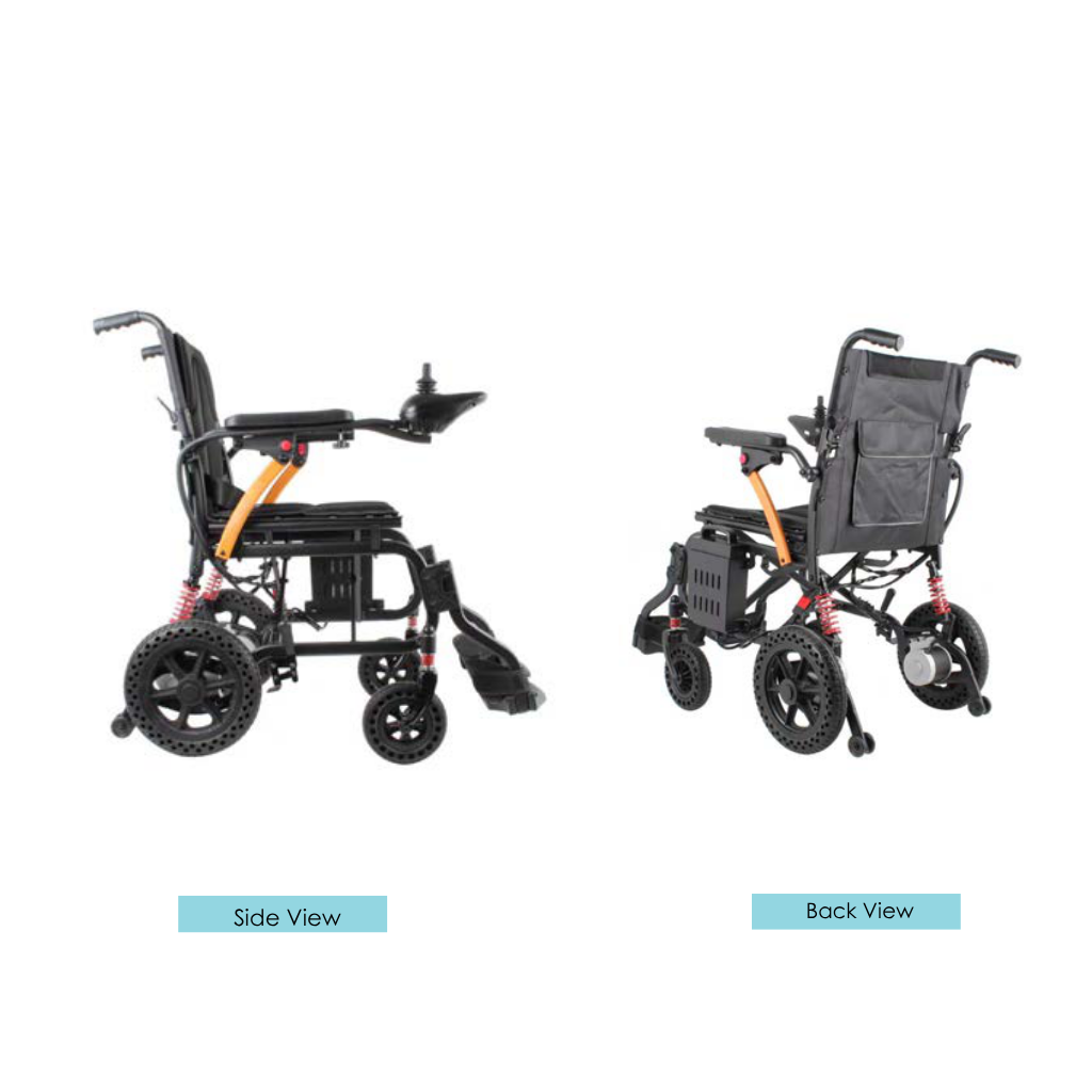 Side and back view of the Felco E-Move EVM5 electric wheelchair with 12-inch rear wheels, anti-tip wheels and backrest pocket