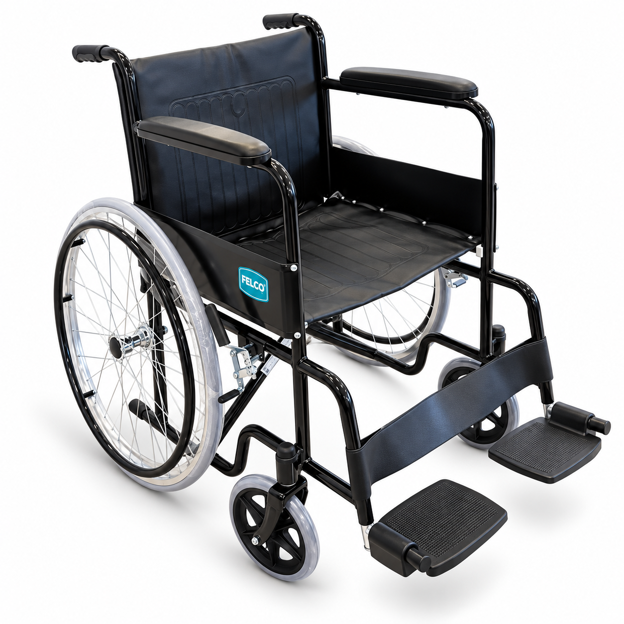 Felco FMW018 standard wheelchair in  black with fixed armrests and footrests