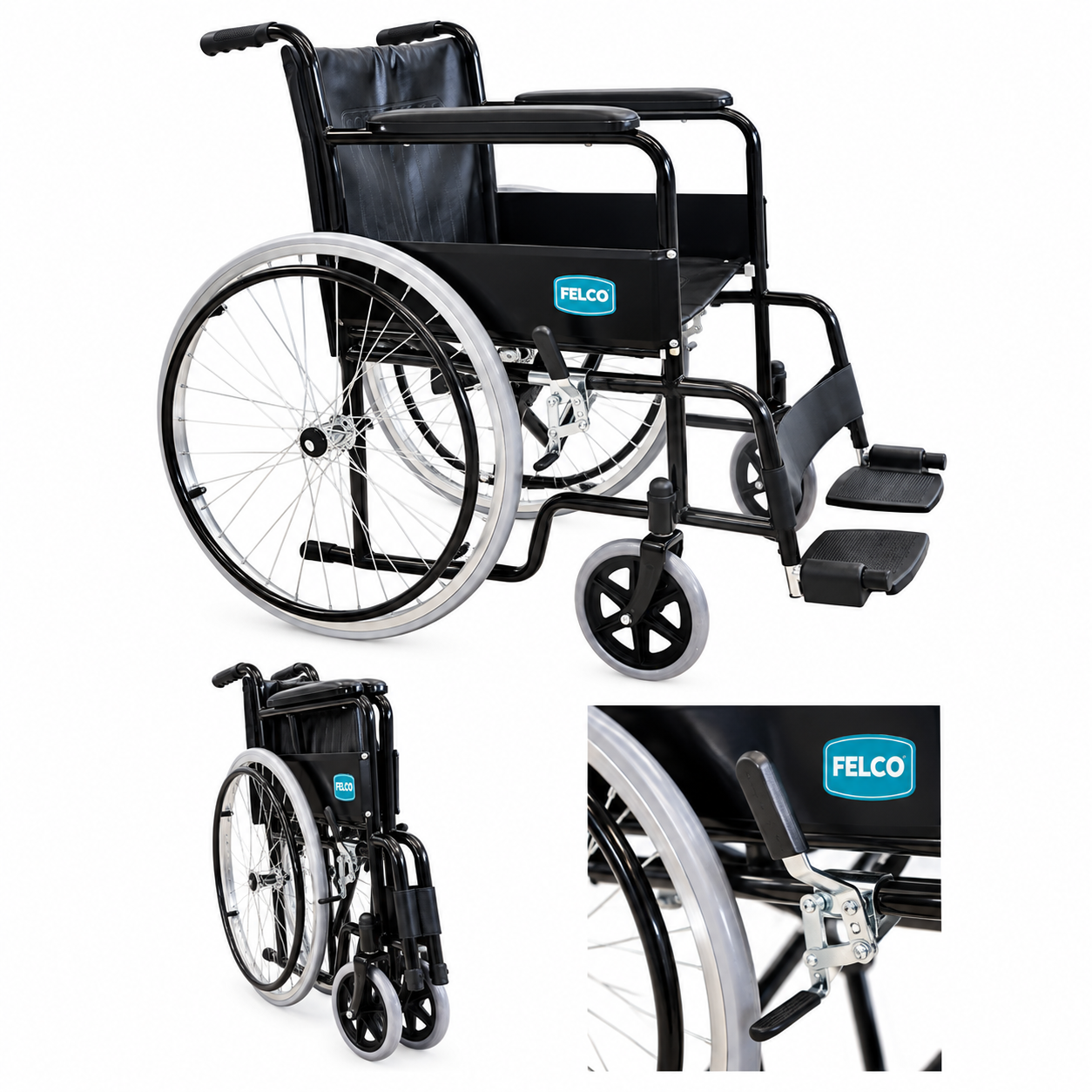 Felco FMW018 standard wheelchair side  view, folded, and close-up of the wheel  brake lock