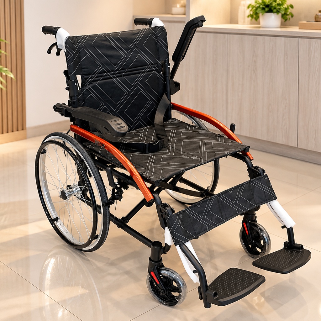 Felco Supreme FMW038 aluminium lightweight  wheelchair with orange side frame, front view