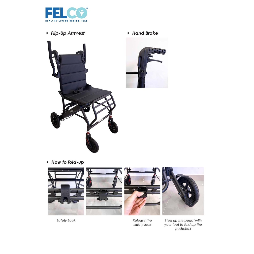 How to fold the Felco FMW6000 X-Travel Chair: release the safety lock and step on the pedal