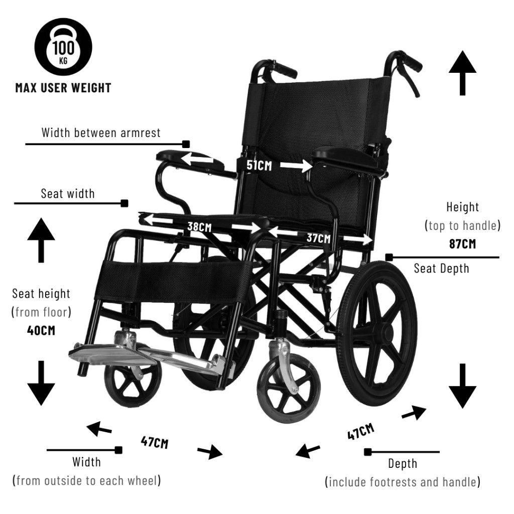 MediHub WBLY011 travel wheelchair  dimensions: 38cm seat width, 37cm seat  depth, 40cm seat height, max user weight  100 kg