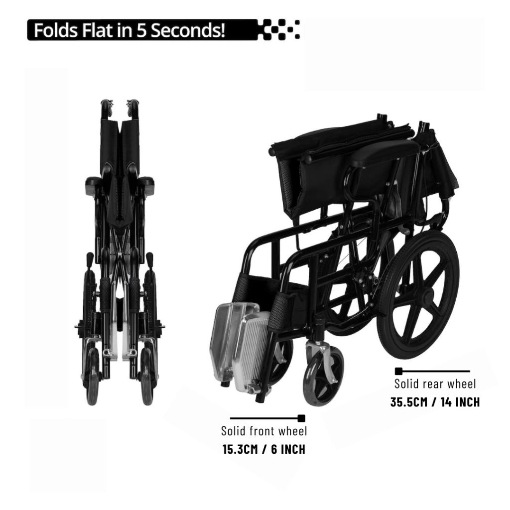 MediHub WBLY011 travel wheelchair  folded flat, with 6-inch front and 14-inch  solid rear wheels